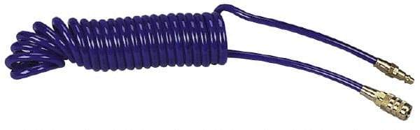 Coilhose Pneumatics - 1/4" ID, 1/4 Thread, 15' Long, Blue Polyurethane Coiled & Self Storing Hose - 125 Max psi, Industrial Interchange Coupler x Plug - Exact Tool & Supply
