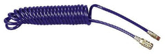 Coilhose Pneumatics - 1/4" ID, 1/4 Thread, 15' Long, Blue Polyurethane Coiled & Self Storing Hose - 125 Max psi, Industrial Interchange Coupler x Male Swivel - Exact Tool & Supply
