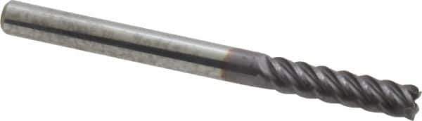 Accupro - 1/8", 1/2" LOC, 1/8" Shank Diam, 1-1/2" OAL, 5 Flute, Solid Carbide Square End Mill - Single End, AlTiN Finish, Spiral Flute, 45° Helix, Centercutting, Right Hand Cut, Right Hand Flute - Exact Tool & Supply