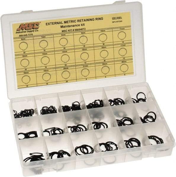 Made in USA - 310 Piece, M6 to M25, Steel, Snap External Retaining Ring Assortment - Includes Compartmented Case, Specification Labels - Exact Tool & Supply