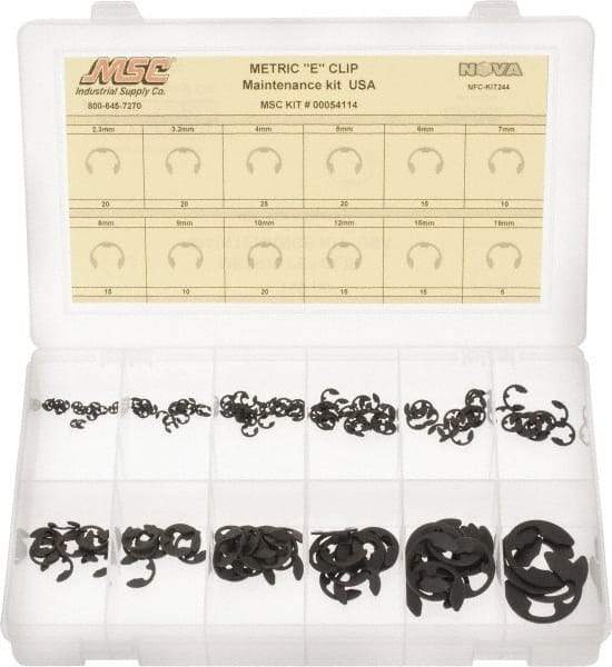 Made in USA - 190 Piece, M2.3 to M19, Steel, E Style External Retaining Ring Assortment - Includes Compartmented Case, Specification Labels - Exact Tool & Supply