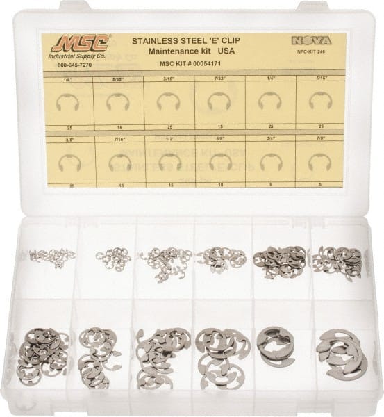 Made in USA - 206 Piece, 1/8 to 7/8", Stainless Steel, E Style External Retaining Ring Assortment - Exact Tool & Supply
