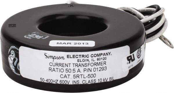 Simpson Electric - 2 VA Burden, 50 Amp AC Input, 5 Amp AC Output, 50 to 400 Hz, Panel Meter Donut Current Transformer - Screw Terminal, For Use with AC Ammeter - Exact Tool & Supply