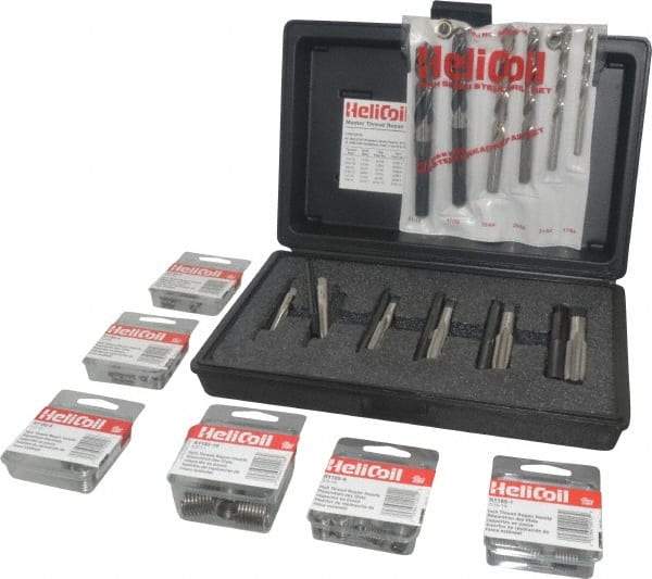 Heli-Coil - 54 Inserts, 1/4-20 - 5/8-11 Internal Thread, 1/2-13, 1/4-20, 3/8-16, 5/16-18, 5/8-11, 7/16-14 UNC, Thread Repair Kit - Includes Drill, Installation Tool and Tap - Exact Tool & Supply