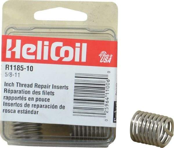 Heli-Coil - 5/8-11 UNC, 0.938" OAL, Free Running Helical Insert - 8-1/2 Free Coils, Tanged, Stainless Steel, Bright Finish, 1-1/2D Insert Length - Exact Tool & Supply