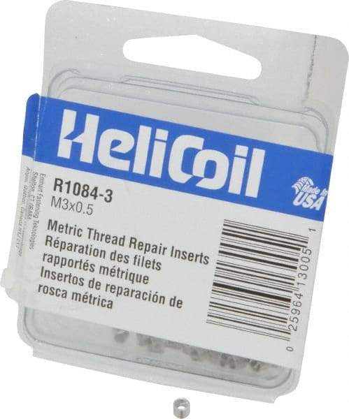 Heli-Coil - M3x0.50 Metric Coarse, 4.5mm OAL, Free Running Helical Insert - 6-3/8 Free Coils, Tanged, Stainless Steel, Bright Finish, 1-1/2D Insert Length - Exact Tool & Supply
