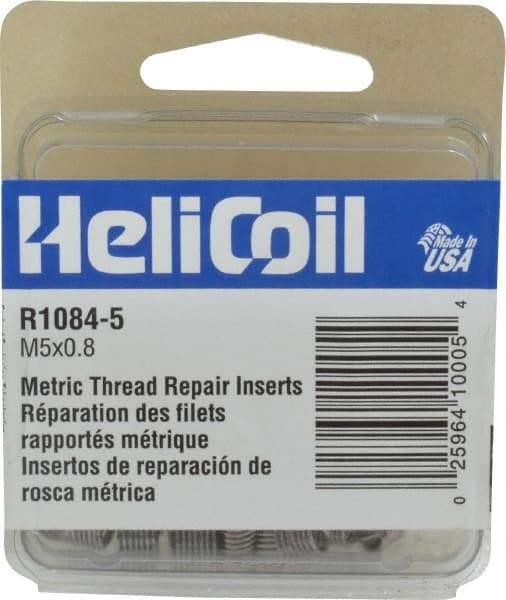 Heli-Coil - M5x0.80 Metric Coarse, 7.5mm OAL, Free Running Helical Insert - 6-7/8 Free Coils, Tanged, Stainless Steel, Bright Finish, 1-1/2D Insert Length - Exact Tool & Supply