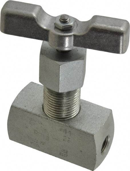 Made in USA - 1/8" Pipe, Inline Hard Seat Needle Valve - FNPT x FNPT Ends, Alloy Valve, 10,000 Max psi - Exact Tool & Supply