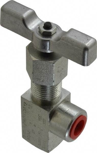 Made in USA - 1/4" Pipe, Angled Hard Seat Needle Valve - FNPT x FNPT Ends, Alloy Valve, 10,000 Max psi - Exact Tool & Supply