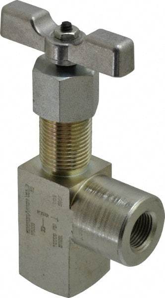 Made in USA - 3/8" Pipe, Angled Hard Seat Needle Valve - FNPT x FNPT Ends, Alloy Valve, 10,000 Max psi - Exact Tool & Supply