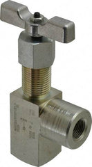 Made in USA - 3/8" Pipe, Angled Hard Seat Needle Valve - FNPT x FNPT Ends, Alloy Valve, 10,000 Max psi - Exact Tool & Supply