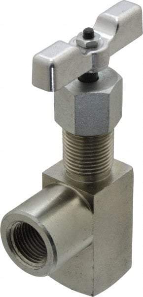 Made in USA - 1/2" Pipe, Angled Hard Seat Needle Valve - FNPT x FNPT Ends, Alloy Valve, 10,000 Max psi - Exact Tool & Supply