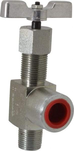 Made in USA - 1/2" Pipe, Angled Hard Seat Needle Valve - MNPT x FNPT Ends, Alloy Valve, 10,000 Max psi - Exact Tool & Supply