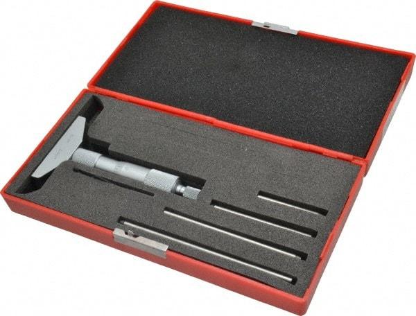 Value Collection - 0 to 4" Range, 4 Rod, Satin Chrome Finish Mechanical Depth Micrometer - Ball Thimble, 2-1/2" Base Length, 0.001" Graduation, 4.5mm Rod Diam - Exact Tool & Supply