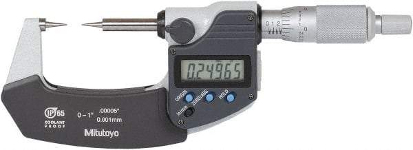 Mitutoyo - 1 Inch, 32mm Throat Depth, Ratchet Stop, Digital Point Micrometer - Accurate Up to 0.0001 Inch, 15° Point Angle - Exact Tool & Supply