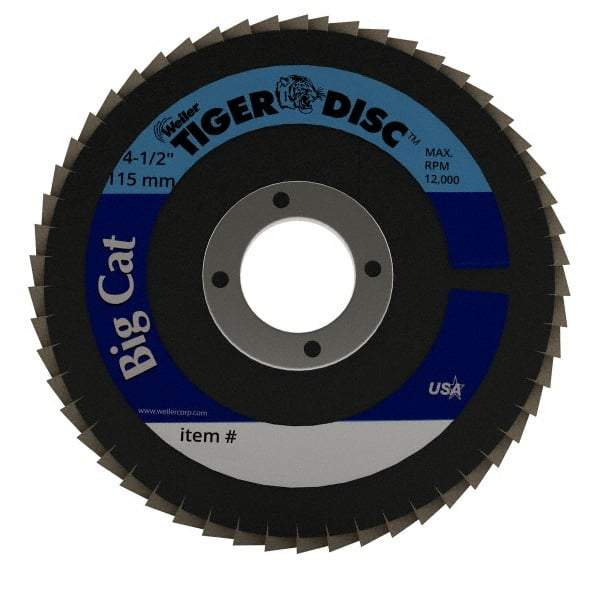 Weiler - 60 Grit, 4-1/2" Disc Diam, 7/8" Center Hole, Type 27 Zirconia Alumina Flap Disc - 12,000 Max RPM, Phenolic Backing, Arbor Attaching System, Coated - Exact Tool & Supply