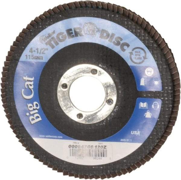 Weiler - 120 Grit, 4-1/2" Disc Diam, 7/8" Center Hole, Type 27 Zirconia Alumina Flap Disc - 12,000 Max RPM, Phenolic Backing, Arbor Attaching System, Coated - Exact Tool & Supply