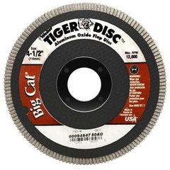 Weiler - 80 Grit, 4-1/2" Disc Diam, 7/8" Center Hole, Type 27 Aluminum Oxide Flap Disc - 12,000 Max RPM, Phenolic Backing, Arbor Attaching System, Coated - Exact Tool & Supply