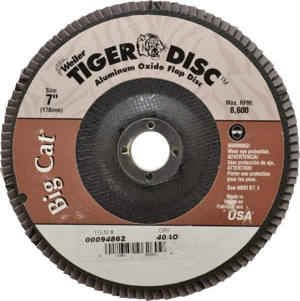 Weiler - 40 Grit, 7" Disc Diam, 7/8" Center Hole, Type 27 Aluminum Oxide Flap Disc - 8,600 Max RPM, Phenolic Backing, Arbor Attaching System, Coated - Exact Tool & Supply
