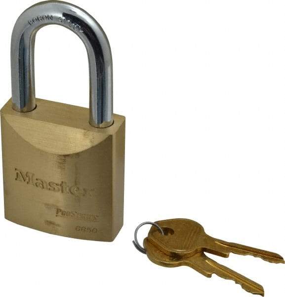 Master Lock - 1-1/2" Shackle Clearance, Keyed Different Pro Series Padlock - 29/32" Shackle Width, 3/8" Shackle Diam, Brass - Exact Tool & Supply