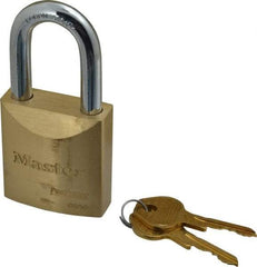 Master Lock - 1-1/2" Shackle Clearance, Keyed Different Pro Series Padlock - 29/32" Shackle Width, 3/8" Shackle Diam, Brass - Exact Tool & Supply
