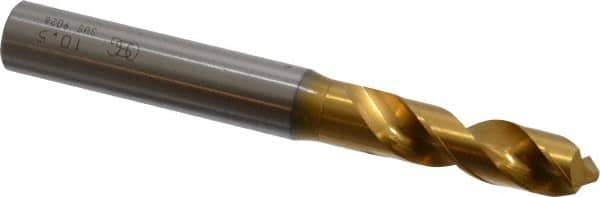OSG - 10.50036mm 120° Spiral Flute Vanadium High Speed Steel Screw Machine Drill Bit - TiN Finish, Right Hand Cut, 43mm Flute Length, 100mm OAL, Faceted Point, Straight Shank - Exact Tool & Supply