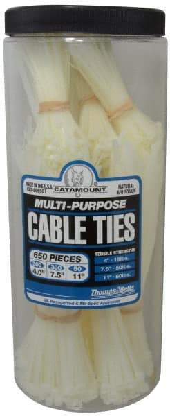 Thomas & Betts - 4 to 11 Inch Range, White Cable Ties - 3 Inch Bundle Diameter, 18, 40 and 50 Lb. Strength, Nylon - Exact Tool & Supply