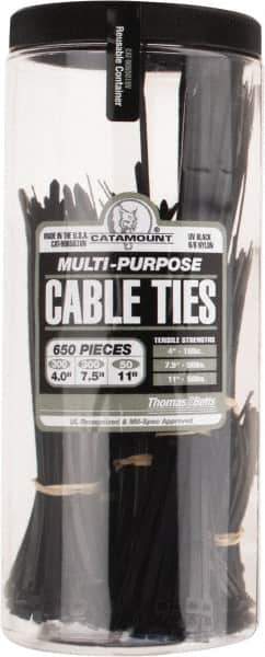 Thomas & Betts - 4 to 11 Inch Range, Black Cable Ties - 3 Inch Bundle Diameter, 18, 40 and 50 Lb. Strength, Nylon - Exact Tool & Supply
