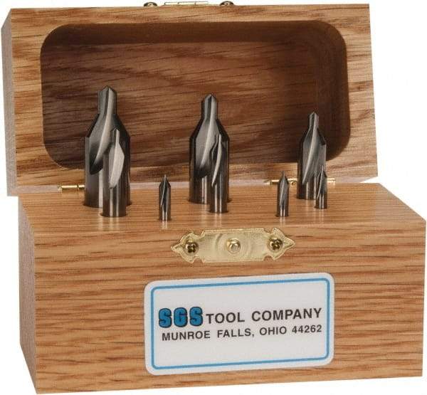 SGS - 8 Piece, #00 to 6, 1/8 to 1/2" Body Diam, 1/32 to 7/32" Point Diam, Plain Edge, Solid Carbide Combo Drill & Countersink Set - 60° Incl Angle, 1-1/2 to 3" OAL, Double End, 301 Series Compatibility - Exact Tool & Supply