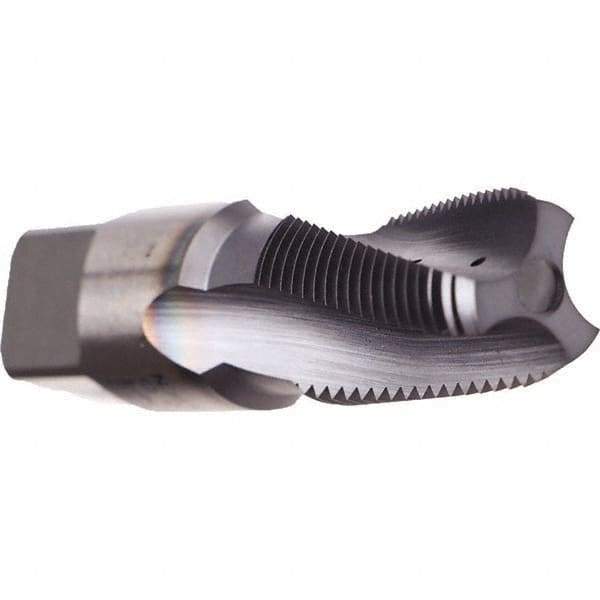Emuge - 1/8-27 NPTF, 15° Helix, 3 Flutes, Modified Bottoming Chamfer, TiCN Finish, Cobalt, Spiral Flute Pipe Tap - Right Hand Flute, 7/16" Shank Diam, 0.984" Thread Length, 0.328" Square Size, - Exact Tool & Supply