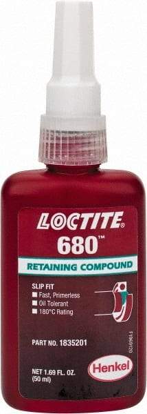 Loctite - 50 mL Bottle, Green, High Strength Liquid Retaining Compound - Series 680, 24 hr Full Cure Time, Heat Removal - Exact Tool & Supply