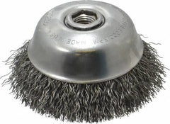 Osborn - 4" Diam, 5/8-11 Threaded Arbor, Steel Fill Cup Brush - 0.02 Wire Diam, 1-1/8" Trim Length, 9,000 Max RPM - Exact Tool & Supply
