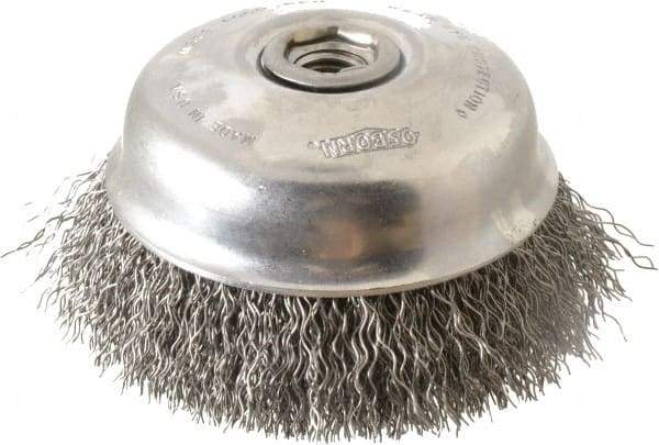 Osborn - 5" Diam, 5/8-11 Threaded Arbor, Steel Fill Cup Brush - 0.02 Wire Diam, 1-1/8" Trim Length, 8,000 Max RPM - Exact Tool & Supply