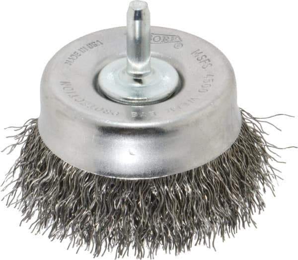 Osborn - 2-1/2" Diam, 1/4" Shank Diam, Steel Fill Cup Brush - 0.014 Wire Diam, 5/8" Trim Length, 4,500 Max RPM - Exact Tool & Supply