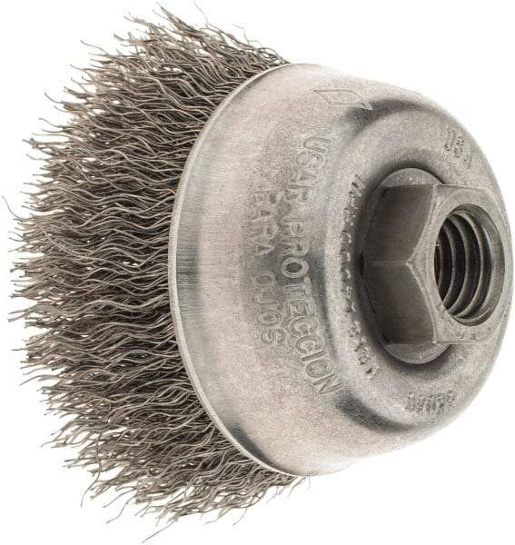 Osborn - 2-3/4" Diam, 5/8-11 Threaded Arbor, Steel Fill Cup Brush - 0.014 Wire Diam, 1" Trim Length, 14,000 Max RPM - Exact Tool & Supply