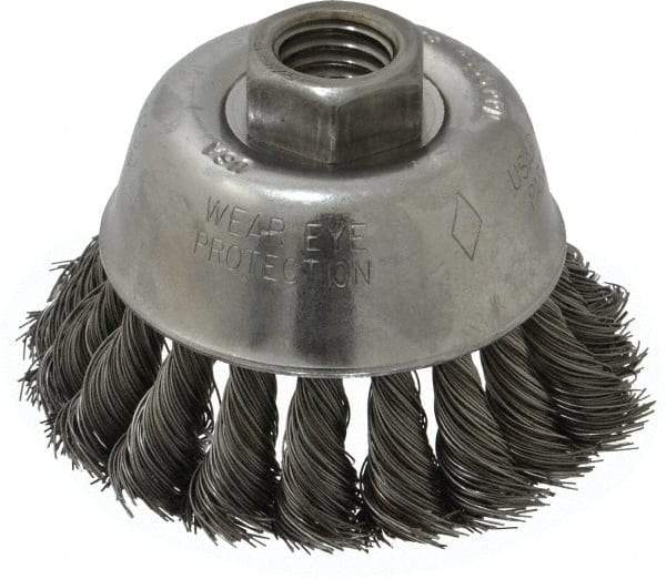 Osborn - 2-3/4" Diam, 5/8-11 Threaded Arbor, Steel Fill Cup Brush - 0.014 Wire Diam, 14,000 Max RPM - Exact Tool & Supply
