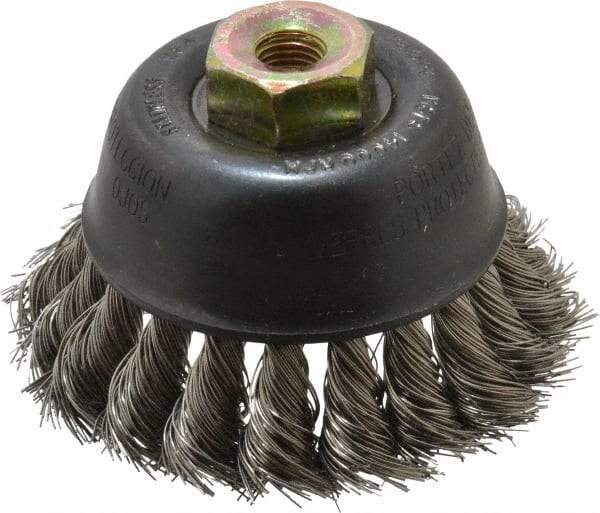Osborn - 2-3/4" Diam, M10x1.25 Threaded Arbor, Stainless Steel Fill Cup Brush - 0.014 Wire Diam, 14,000 Max RPM - Exact Tool & Supply