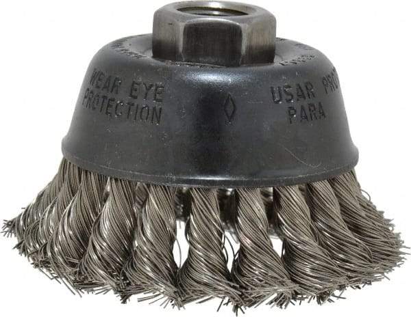 Osborn - 2-3/4" Diam, 5/8-11 Threaded Arbor, Stainless Steel Fill Cup Brush - 0.014 Wire Diam, 14,000 Max RPM - Exact Tool & Supply