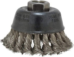 Osborn - 2-3/4" Diam, 5/8-11 Threaded Arbor, Stainless Steel Fill Cup Brush - 0.014 Wire Diam, 14,000 Max RPM - Exact Tool & Supply