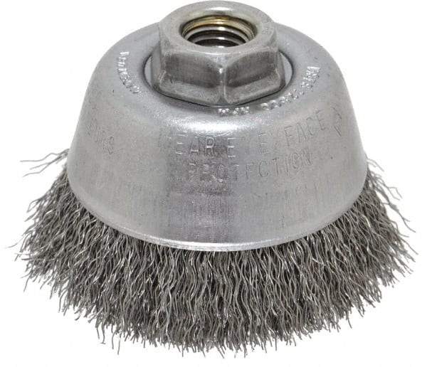 Osborn - 3-1/2" Diam, 5/8-11 Threaded Arbor, Steel Fill Cup Brush - 0.014 Wire Diam, 7/8" Trim Length, 14,000 Max RPM - Exact Tool & Supply