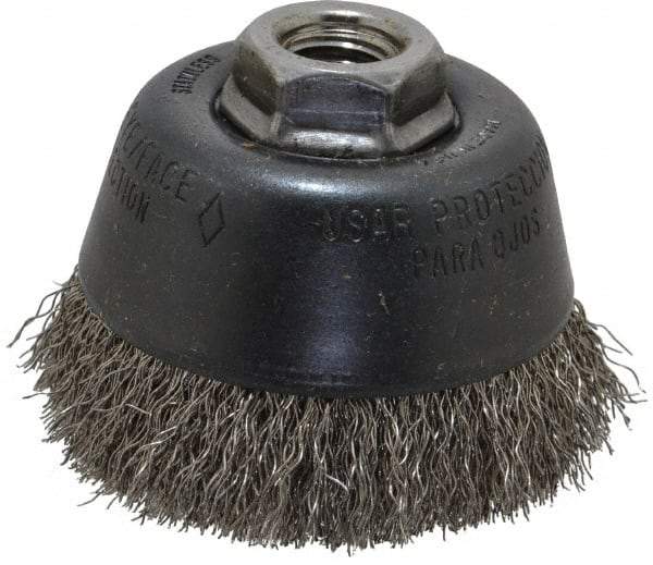 Osborn - 3-1/2" Diam, 5/8-11 Threaded Arbor, Stainless Steel Fill Cup Brush - 0.014 Wire Diam, 7/8" Trim Length, 14,000 Max RPM - Exact Tool & Supply