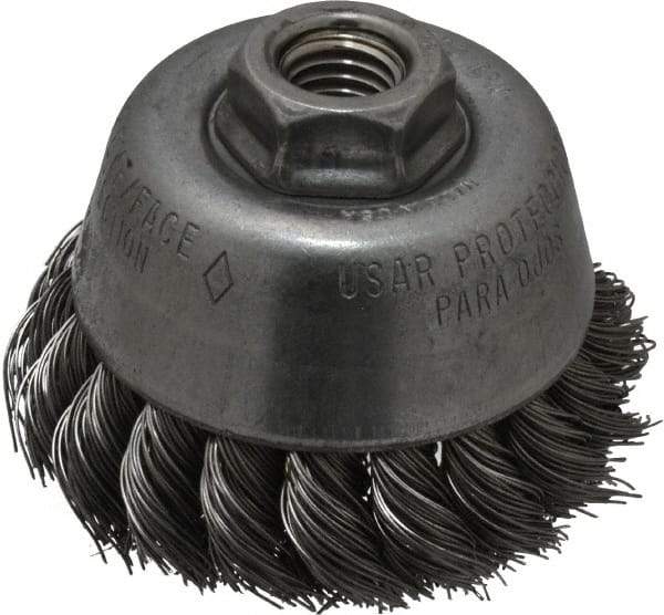 Osborn - 3-1/2" Diam, 5/8-11 Threaded Arbor, Steel Fill Cup Brush - 0.02 Wire Diam, 7/8" Trim Length, 14,000 Max RPM - Exact Tool & Supply