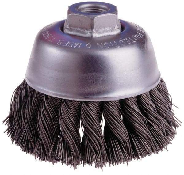 Osborn - 6" Diam, 5/8-11 Threaded Arbor, Steel Fill Cup Brush - 0.02 Wire Diam, 1-3/4" Trim Length, 6,000 Max RPM - Exact Tool & Supply