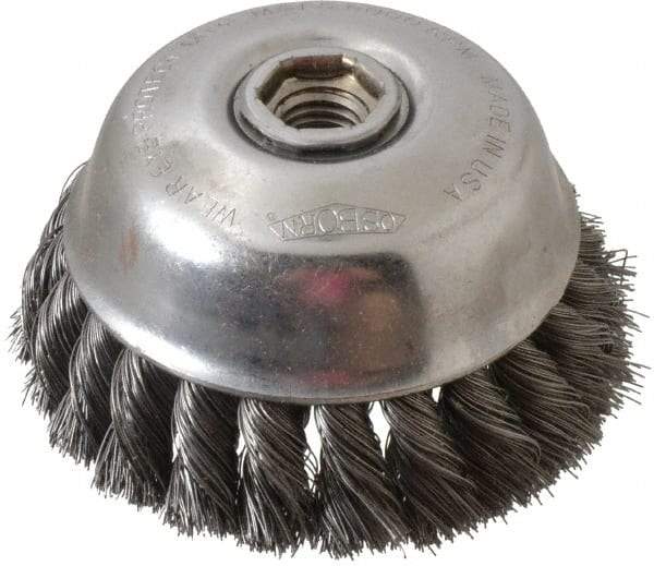 Osborn - 4" Diam, 5/8-11 Threaded Arbor, Steel Fill Cup Brush - 0.014 Wire Diam, 1-1/4" Trim Length, 6,000 Max RPM - Exact Tool & Supply