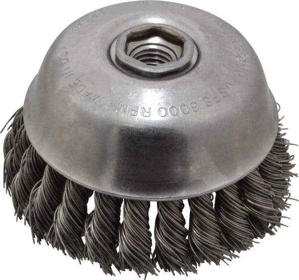 Osborn - 4" Diam, 5/8-11 Threaded Arbor, Steel Fill Cup Brush - 0.025 Wire Diam, 1-1/4" Trim Length, 6,000 Max RPM - Exact Tool & Supply