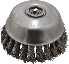 Osborn - 4" Diam, 5/8-11 Threaded Arbor, Steel Fill Cup Brush - 0.025 Wire Diam, 1-1/4" Trim Length, 6,000 Max RPM - Exact Tool & Supply