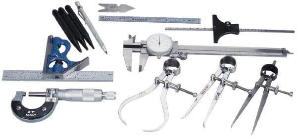 Value Collection - 12 Piece, Machinist Caliper and Micrometer Tool Kit - Includes 2 Piece Combination Square Set and Flexible Steel Rule - Exact Tool & Supply