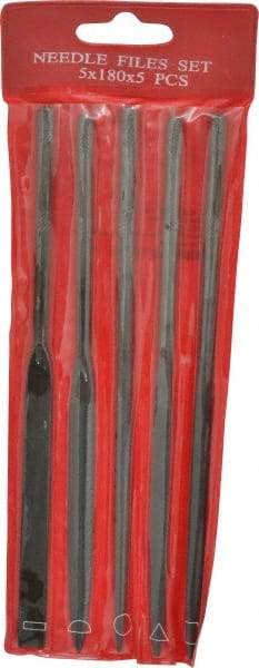 Value Collection - 5 Piece Swiss Pattern File Set - 7" Long, 2 Coarseness, Round Handle, Set Includes Flat, Round, Square, Three Square - Exact Tool & Supply