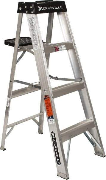 Louisville - 3 Steps, 4' High, Type IA Rating, Aluminum Step Ladder - 300 Lb Capacity, 18-5/8" Base Width - Exact Tool & Supply