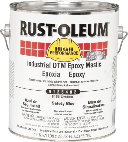 Rust-Oleum - 1 Gal Gloss Safety Blue Epoxy Mastic - 100 to 225 Sq Ft/Gal Coverage, <340 g/L VOC Content, Direct to Metal - Exact Tool & Supply